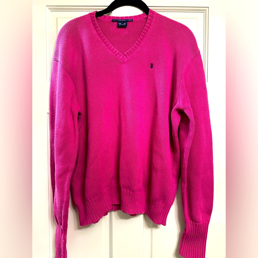 Ralph Lauren Sport Cotton Raspberry/Hot Pink V-Neck Sweater